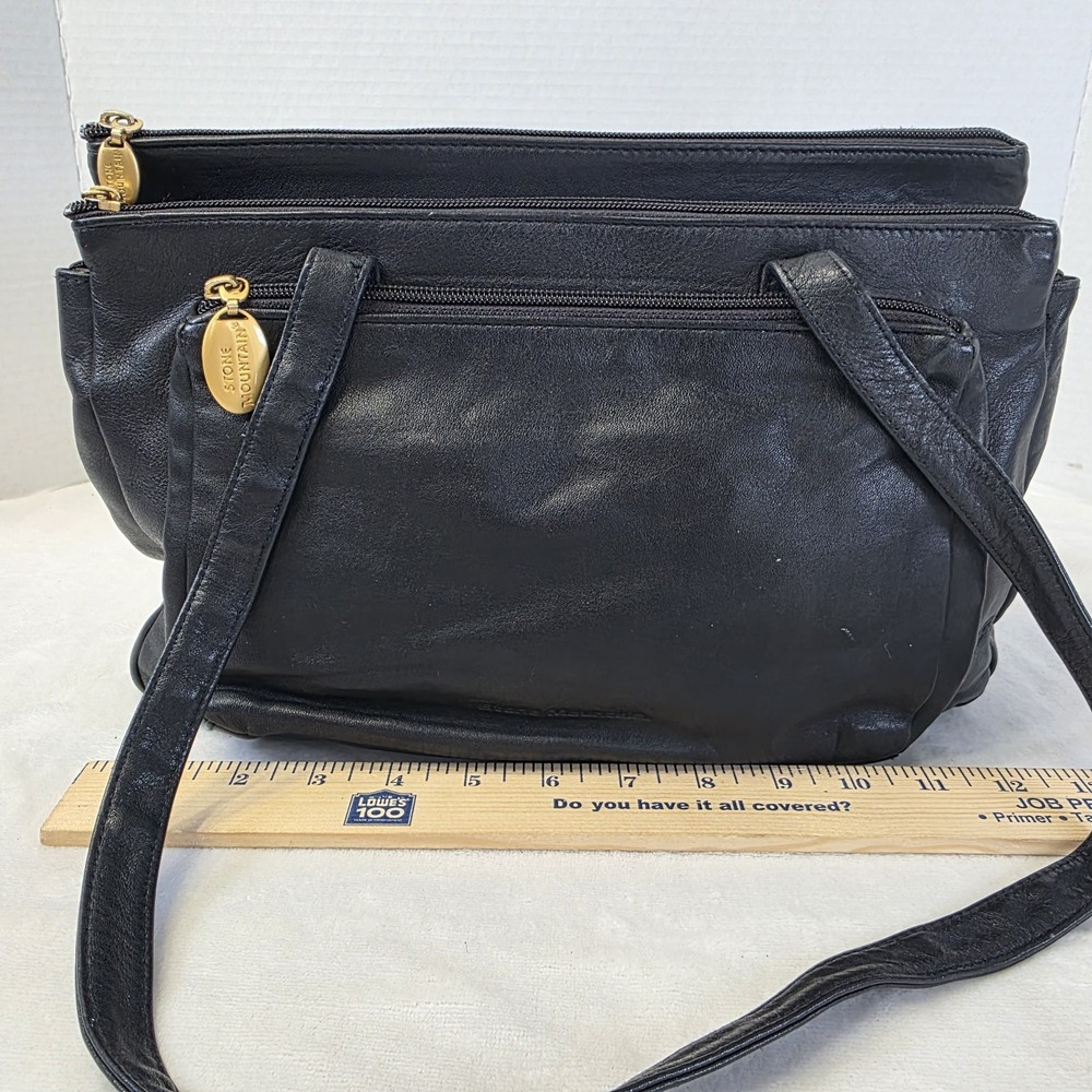 Stone Mountain Black Soft Vegan Leather Shoulder Bag Multiple Pockets Grannycore